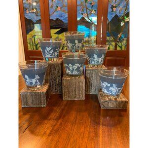 Vintage Jeannette Hellenic Patterned Low Ball Scotch Glasses.